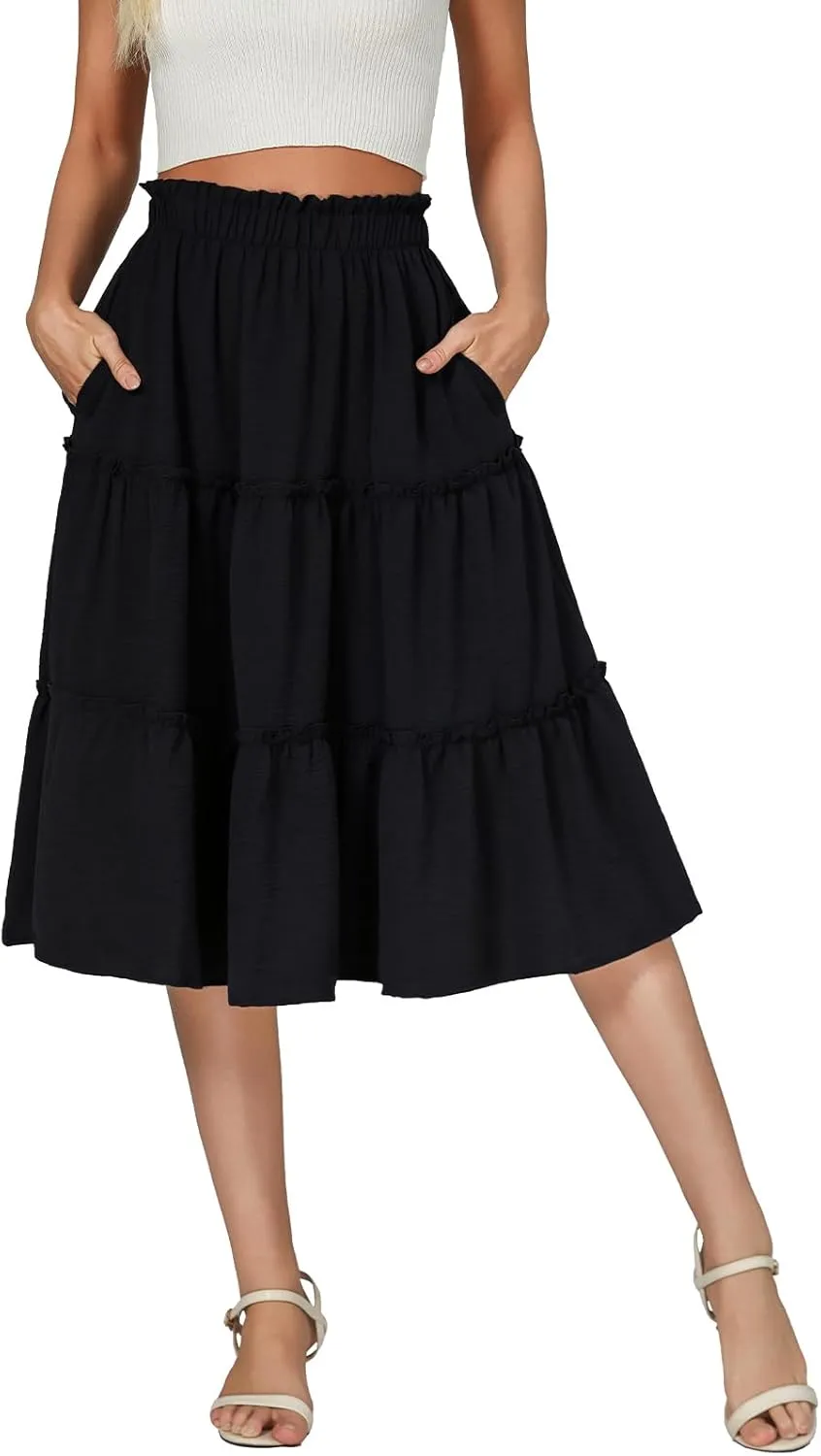 Berydress Midi Skirt for Women with Pockets 2025 High Waist A Line Casual Summer Boho Flowy Tiered Ruffle Beach Skirts