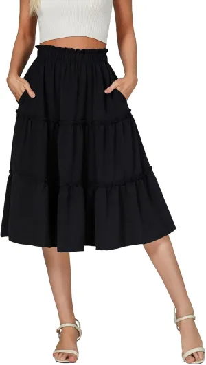 Berydress Midi Skirt for Women with Pockets 2025 High Waist A Line Casual Summer Boho Flowy Tiered Ruffle Beach Skirts