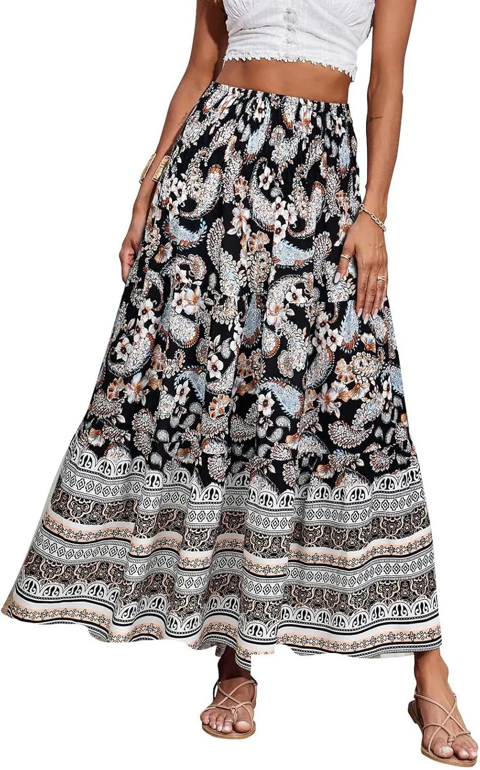 Boho Maxi Skirt for Women 2025 Casual Smocked High Waisted Long Flowy Skirts Plus Size A line Tiered Summer Skirt