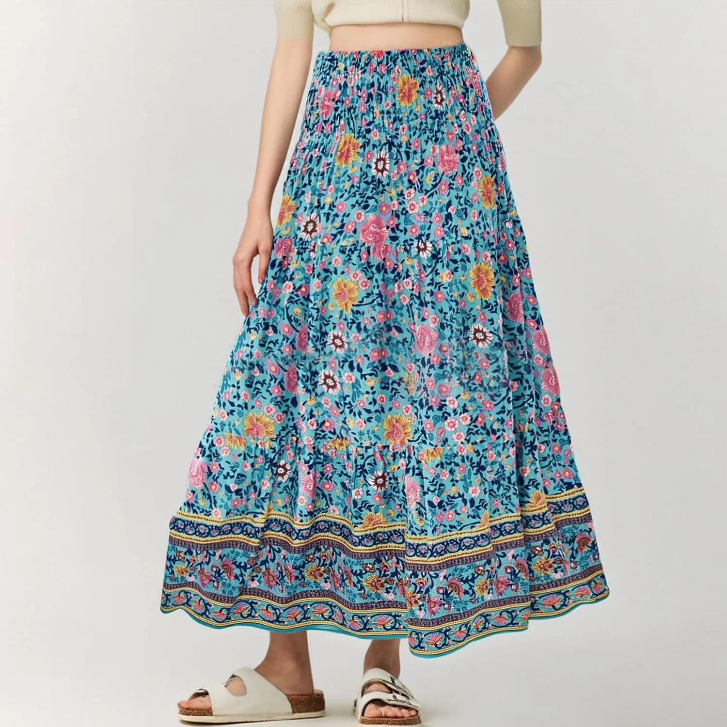 Boho Maxi Skirt for Women 2025 Casual Smocked High Waisted Long Flowy Skirts Plus Size A line Tiered Summer Skirt