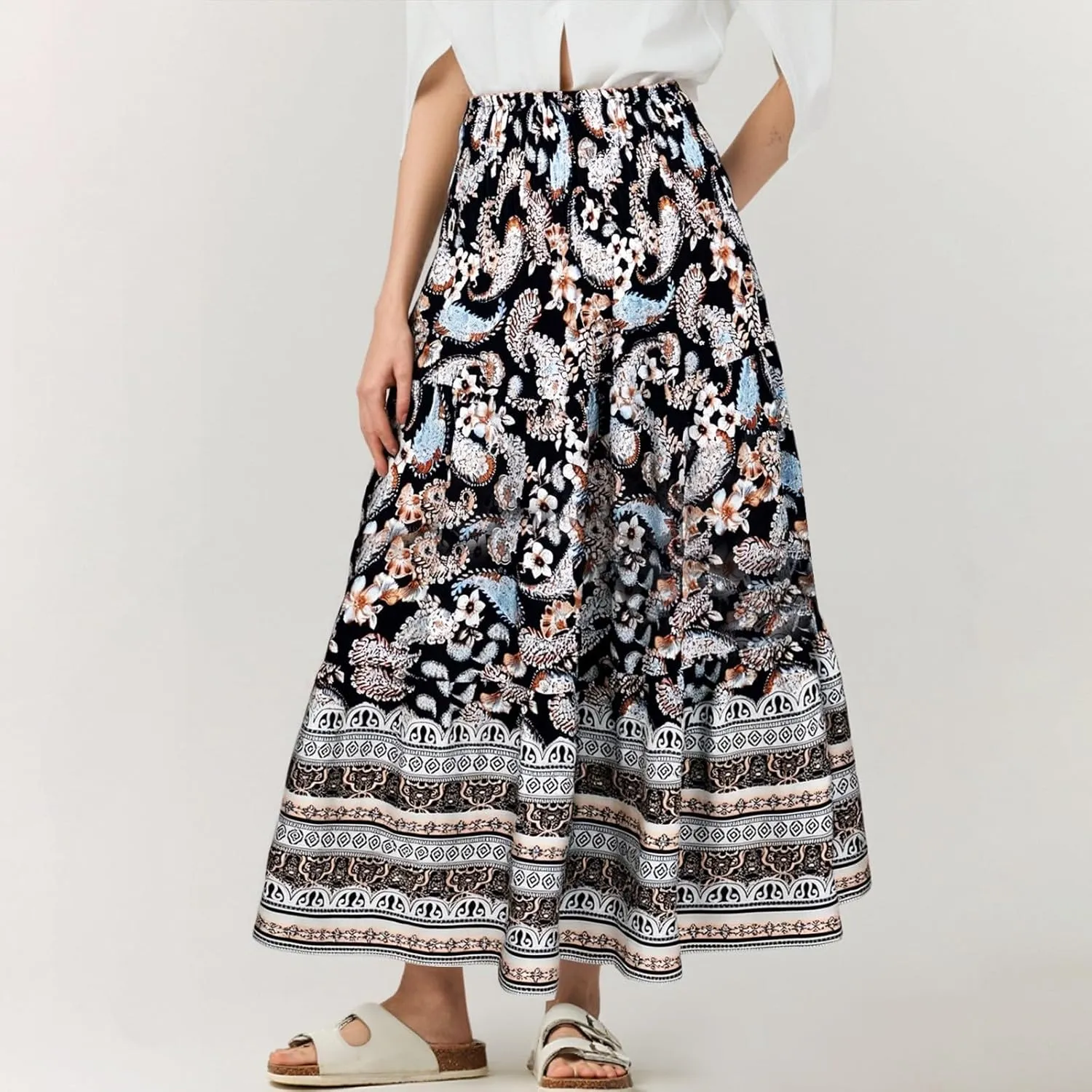 Boho Maxi Skirt for Women 2025 Casual Smocked High Waisted Long Flowy Skirts Plus Size A line Tiered Summer Skirt