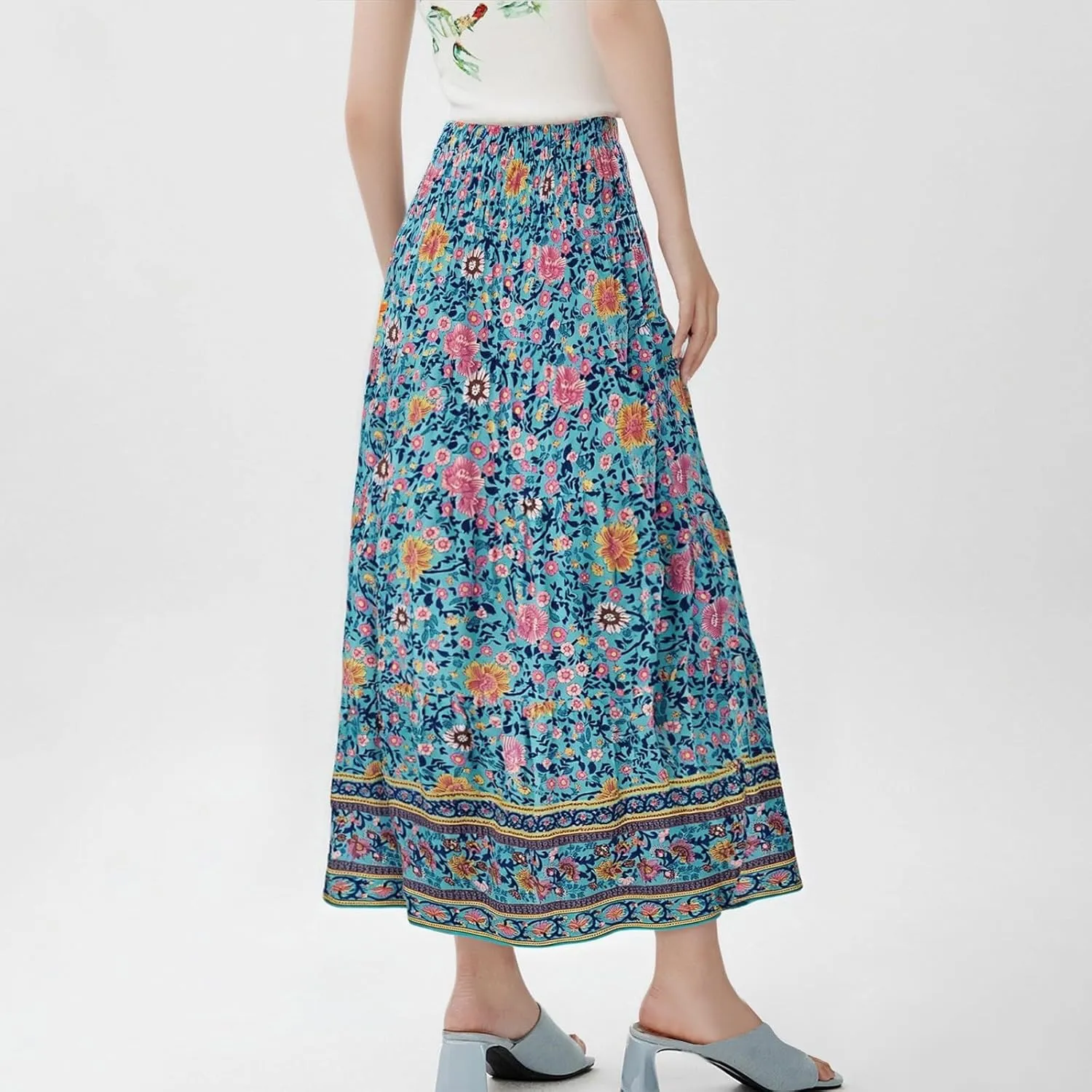Boho Maxi Skirt for Women 2025 Casual Smocked High Waisted Long Flowy Skirts Plus Size A line Tiered Summer Skirt