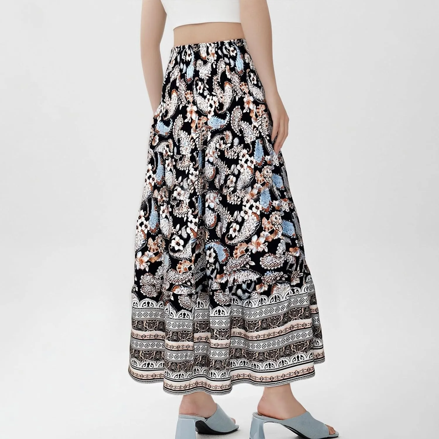 Boho Maxi Skirt for Women 2025 Casual Smocked High Waisted Long Flowy Skirts Plus Size A line Tiered Summer Skirt