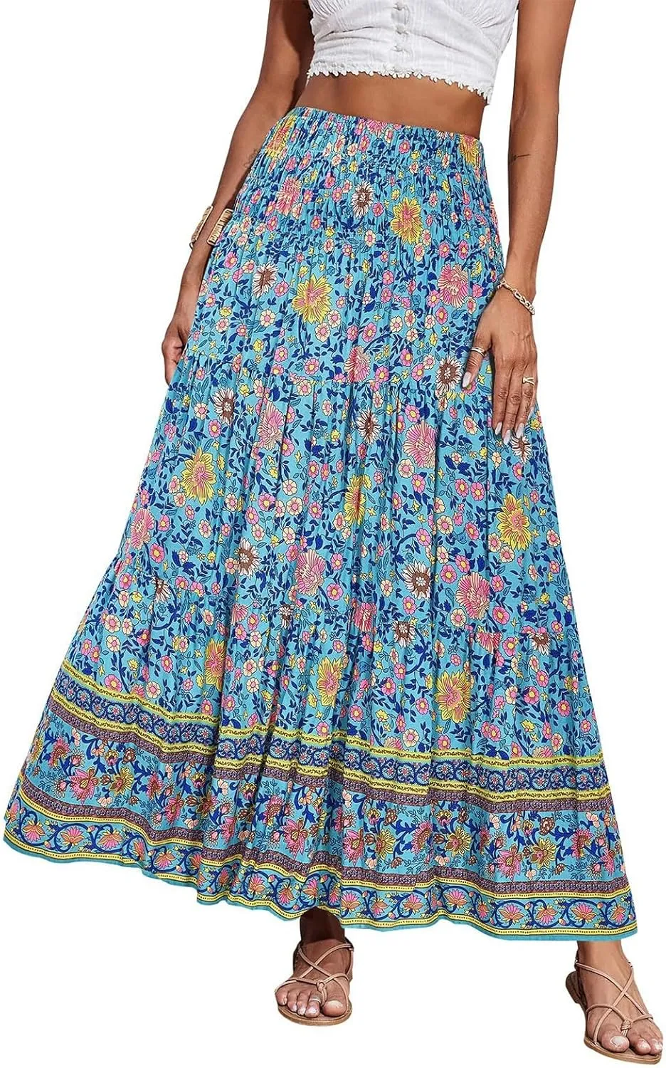 Boho Maxi Skirt for Women 2025 Casual Smocked High Waisted Long Flowy Skirts Plus Size A line Tiered Summer Skirt