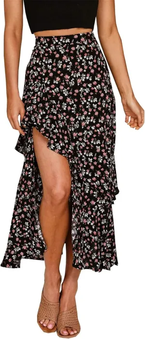 BTFBM Women 2025 Summer Spring Boho Long Skirts Dress Floral Print Elastic Waist Split Ruffle High Low Beach Maxi Skirt