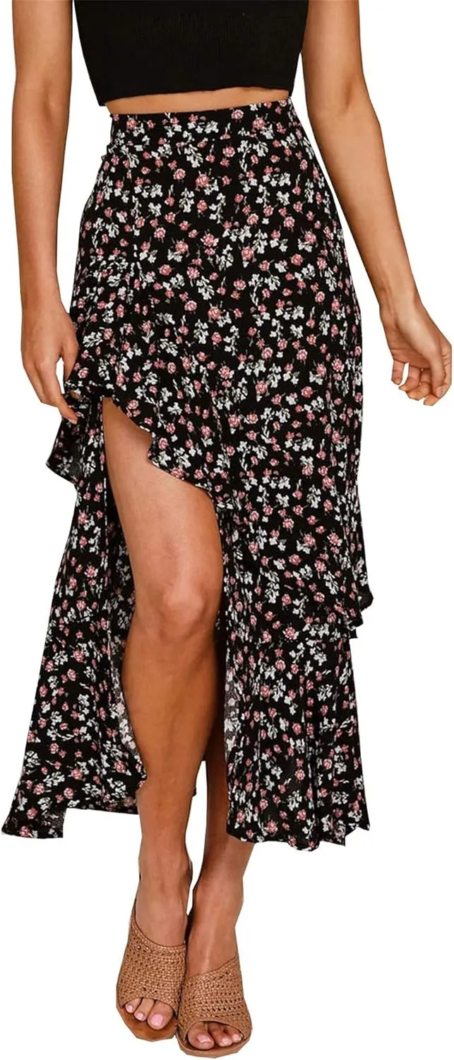 BTFBM Women 2025 Summer Spring Boho Long Skirts Dress Floral Print Elastic Waist Split Ruffle High Low Beach Maxi Skirt