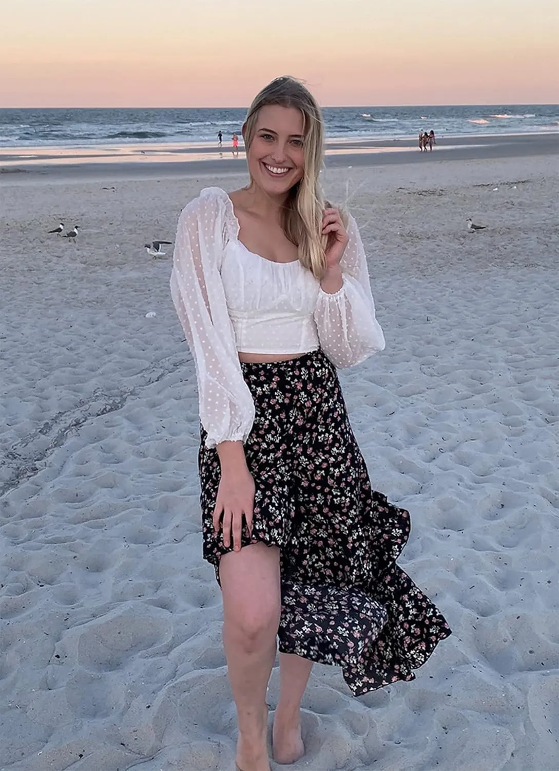 BTFBM Women 2025 Summer Spring Boho Long Skirts Dress Floral Print Elastic Waist Split Ruffle High Low Beach Maxi Skirt