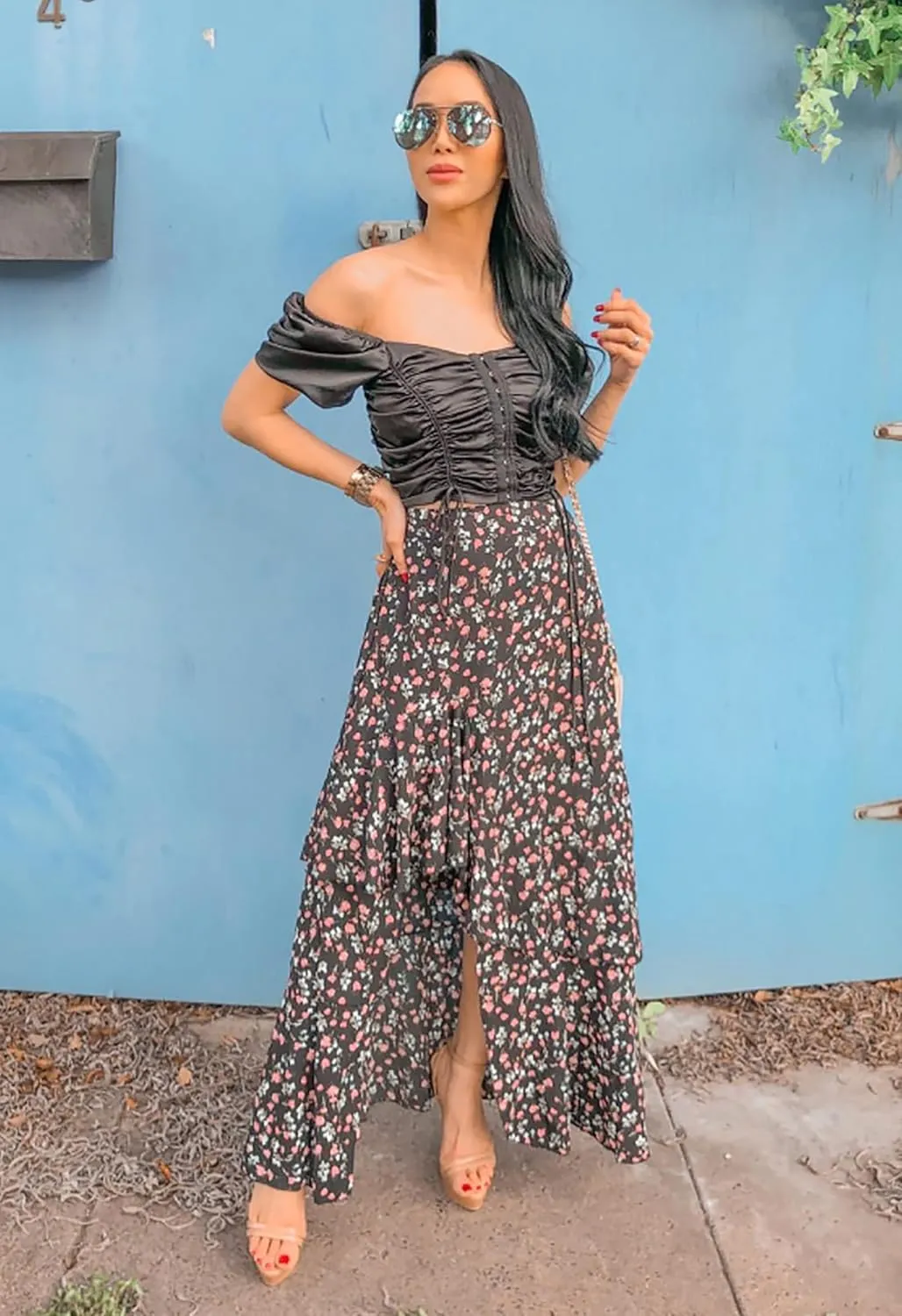 BTFBM Women 2025 Summer Spring Boho Long Skirts Dress Floral Print Elastic Waist Split Ruffle High Low Beach Maxi Skirt