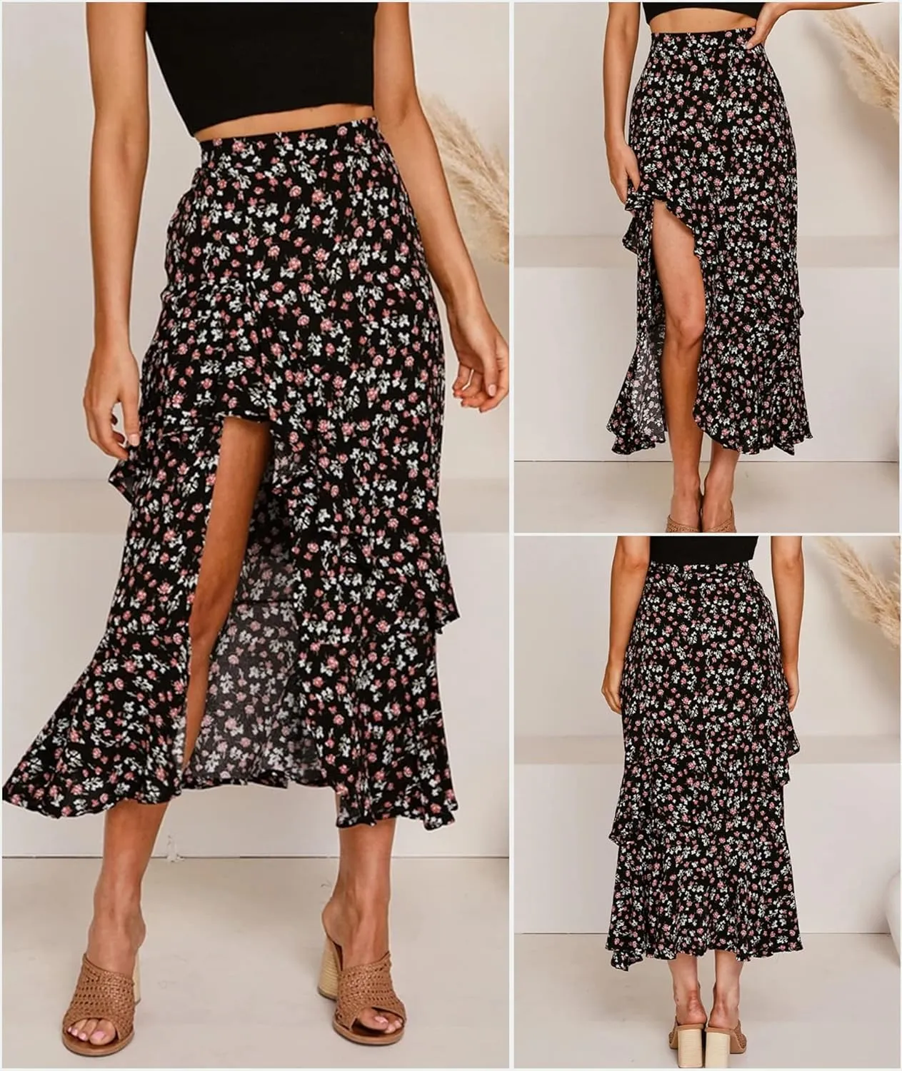 BTFBM Women 2025 Summer Spring Boho Long Skirts Dress Floral Print Elastic Waist Split Ruffle High Low Beach Maxi Skirt