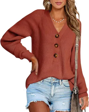 BTFBM Women Long Sleeve V Neck Button Down Sweater Solid Color Ribbed Knit Sweater Casual Relaxed Fit Pullover Jumper