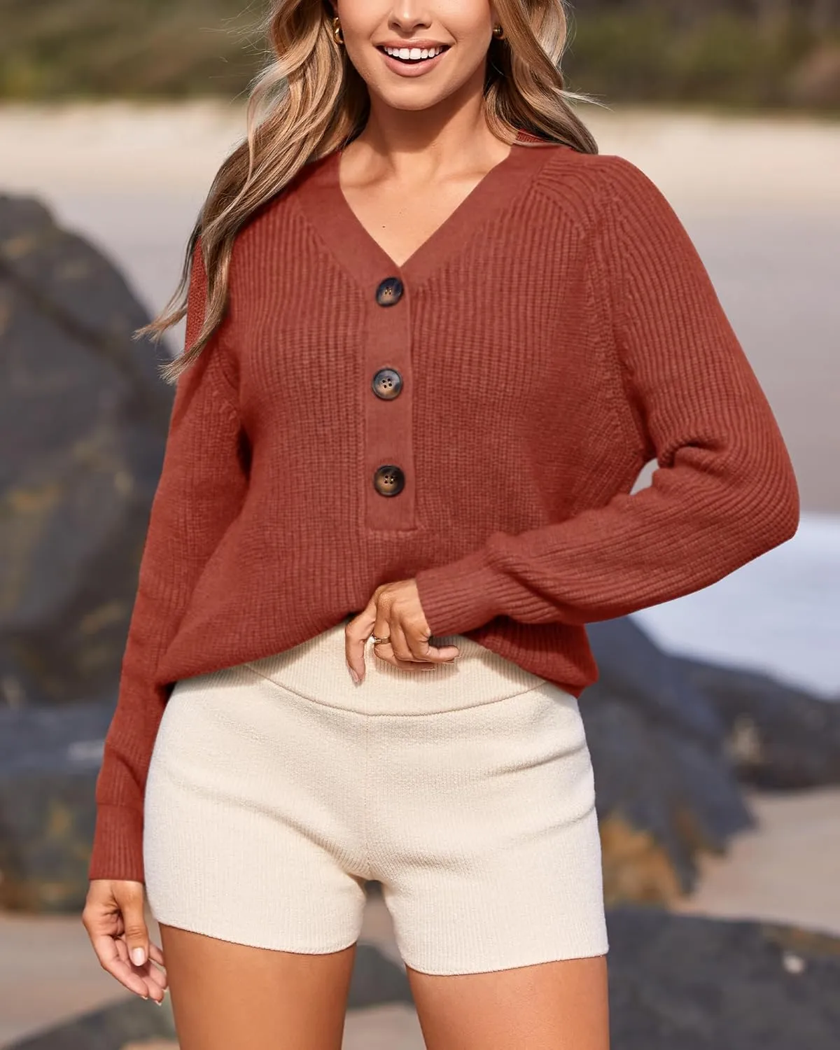 BTFBM Women Long Sleeve V Neck Button Down Sweater Solid Color Ribbed Knit Sweater Casual Relaxed Fit Pullover Jumper