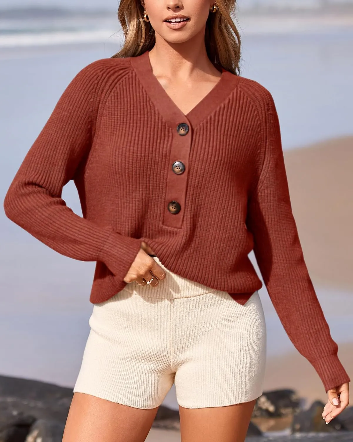 BTFBM Women Long Sleeve V Neck Button Down Sweater Solid Color Ribbed Knit Sweater Casual Relaxed Fit Pullover Jumper