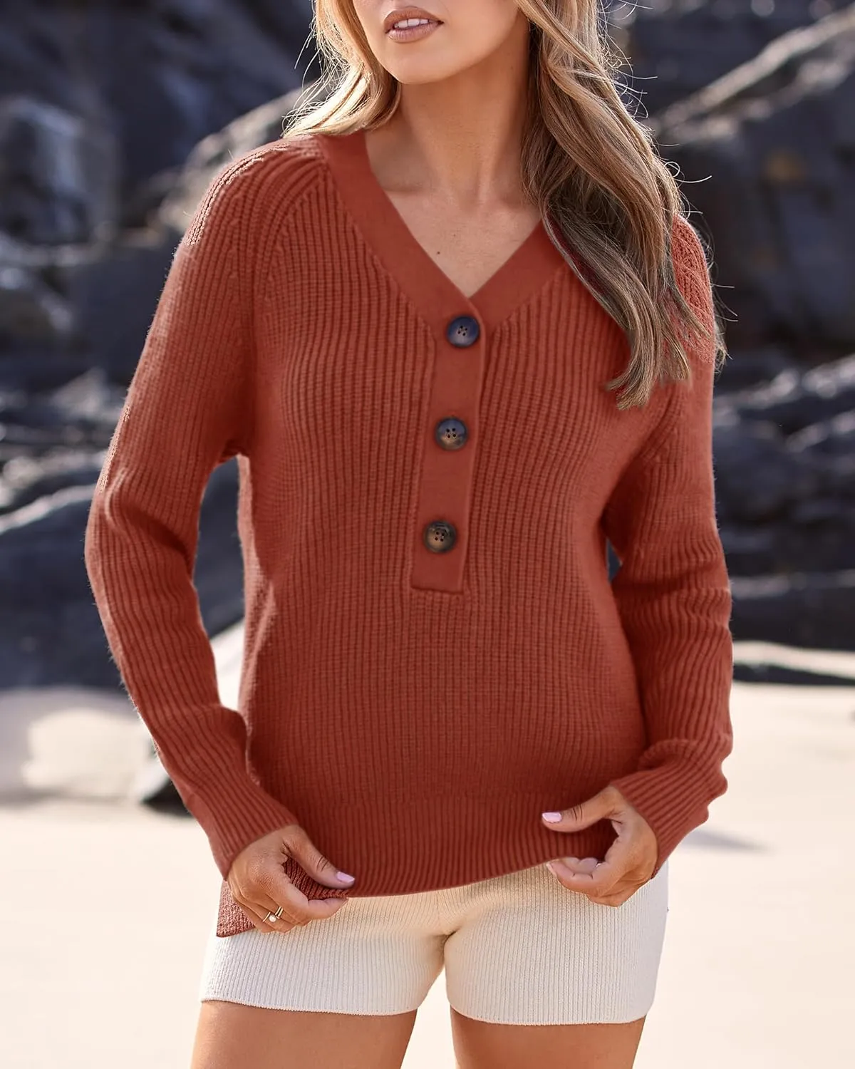 BTFBM Women Long Sleeve V Neck Button Down Sweater Solid Color Ribbed Knit Sweater Casual Relaxed Fit Pullover Jumper