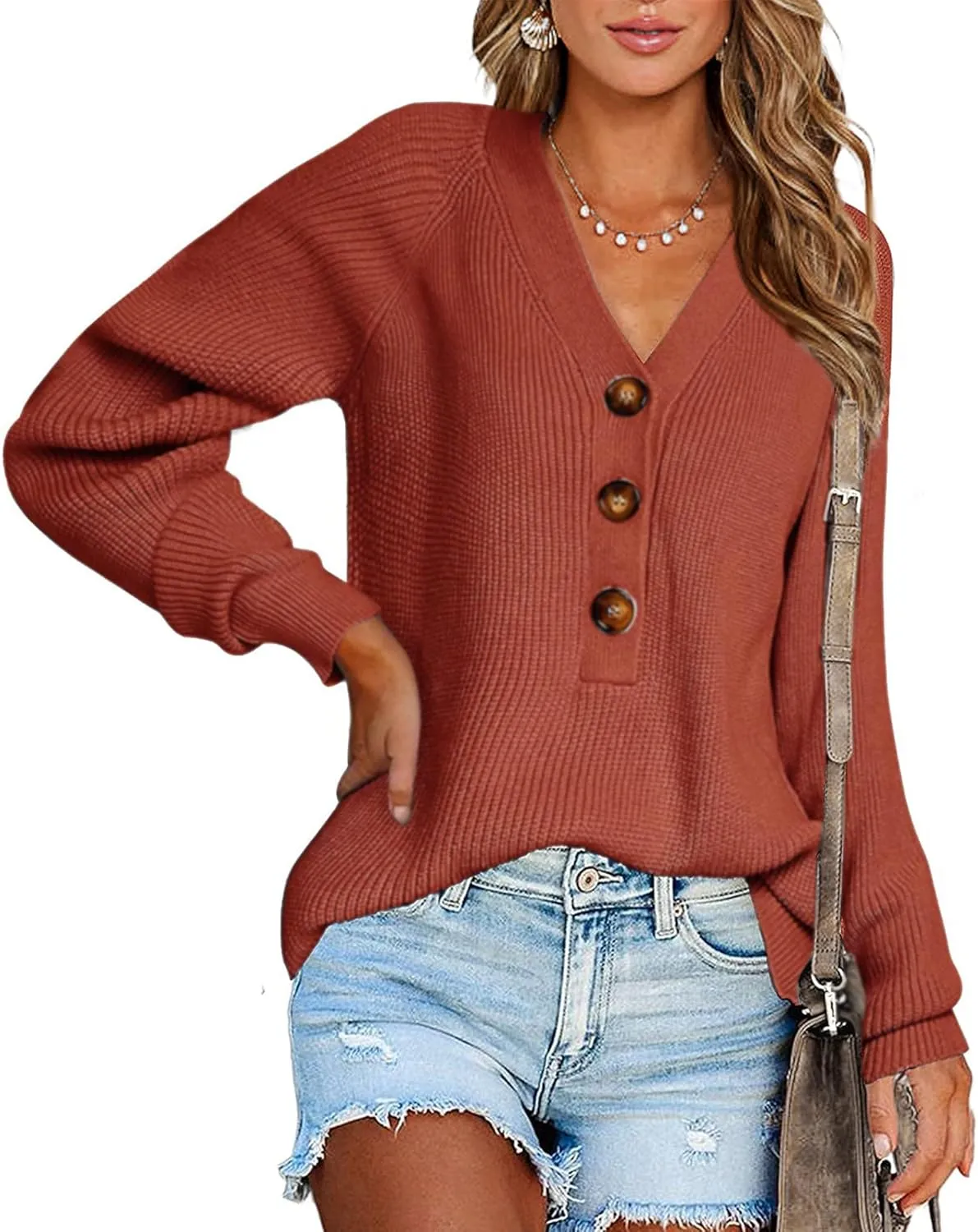 BTFBM Women Long Sleeve V Neck Button Down Sweater Solid Color Ribbed Knit Sweater Casual Relaxed Fit Pullover Jumper