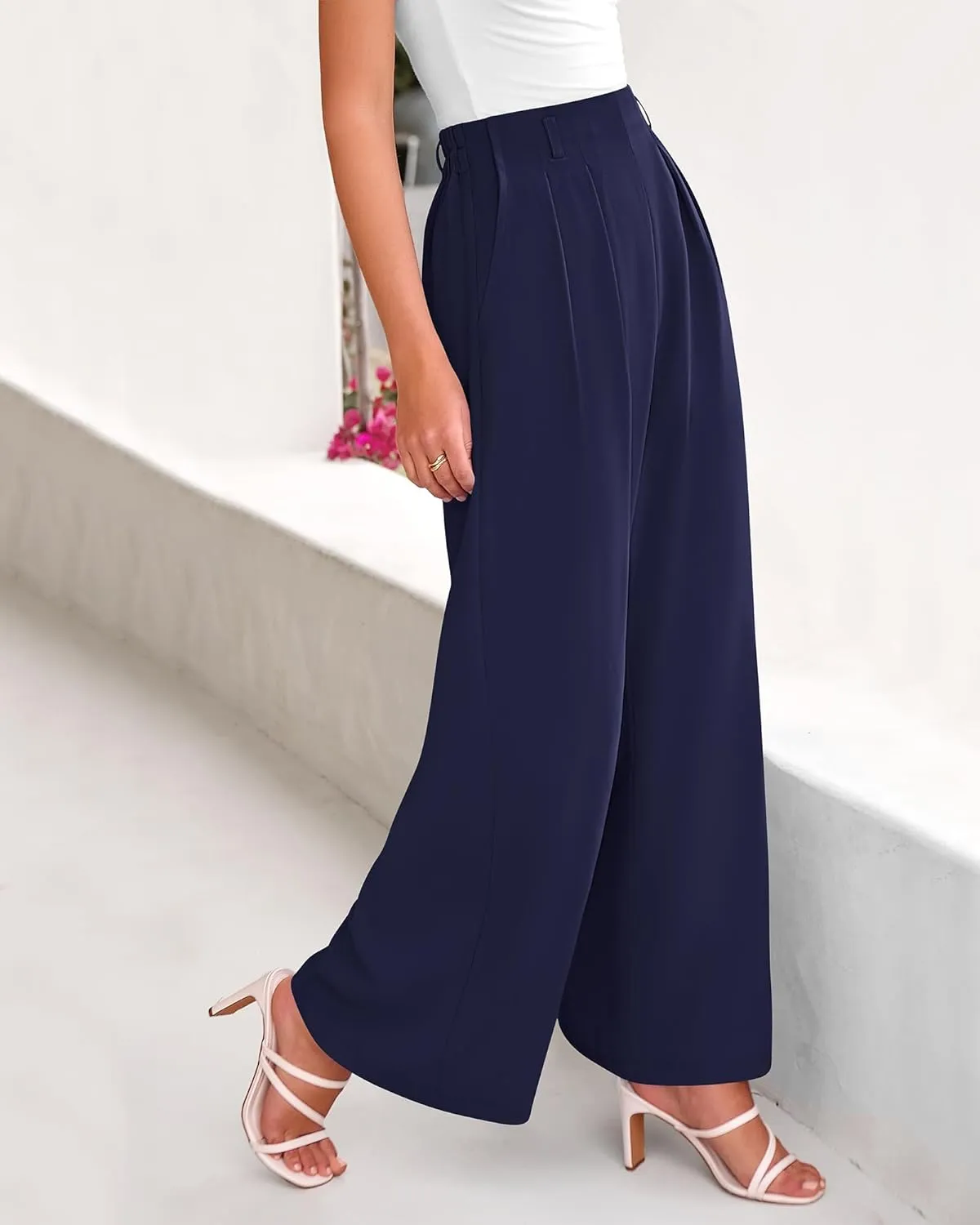 BTFBM Women's Elegant Flowy Dress Pants Front Pleated High Waisted Casual Wide Leg Loose Palazzo Trousers with Pockets