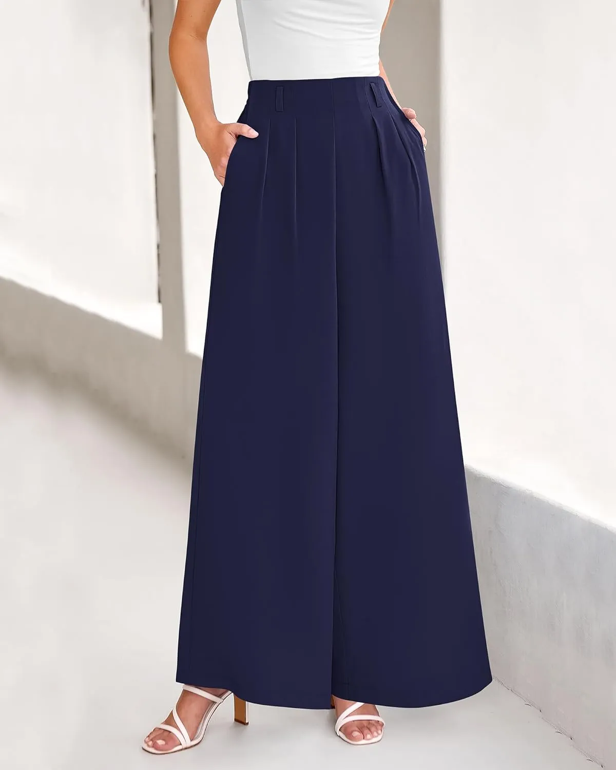 BTFBM Women's Elegant Flowy Dress Pants Front Pleated High Waisted Casual Wide Leg Loose Palazzo Trousers with Pockets