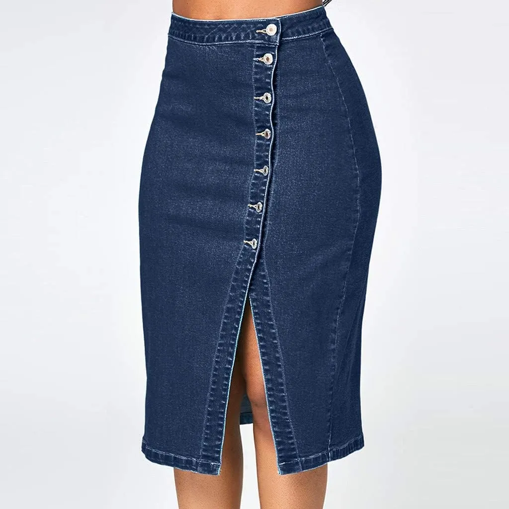 Button Down Denim Skirt High Waisted Slit Pencil Skirt Women Summer Below Knee Length Slim Fit Skirts