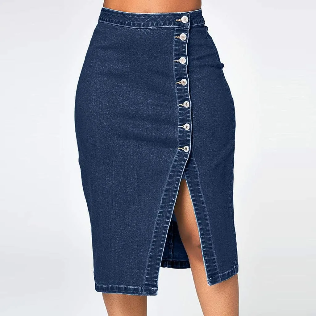 Button Down Denim Skirt High Waisted Slit Pencil Skirt Women Summer Below Knee Length Slim Fit Skirts