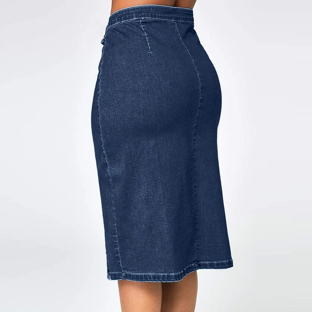 Button Down Denim Skirt High Waisted Slit Pencil Skirt Women Summer Below Knee Length Slim Fit Skirts