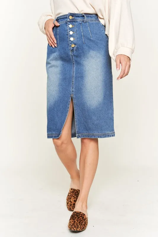 Button-Front Denim Midi Skirt with Front Slit and Elastic Waist