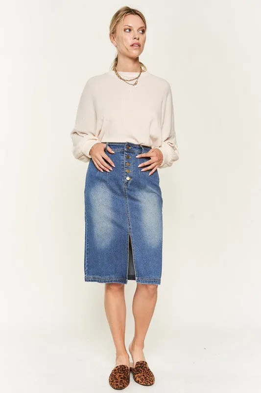 Button-Front Denim Midi Skirt with Front Slit and Elastic Waist