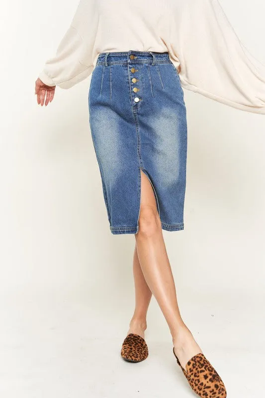 Button-Front Denim Midi Skirt with Front Slit and Elastic Waist