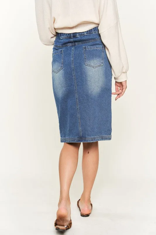 Button-Front Denim Midi Skirt with Front Slit and Elastic Waist