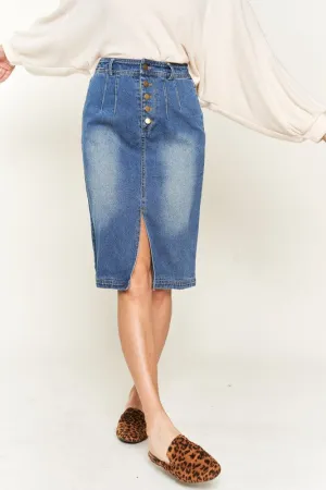 Button-Front Denim Midi Skirt with Front Slit and Elastic Waist