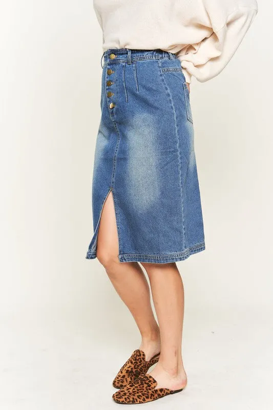 Button-Front Denim Midi Skirt with Front Slit and Elastic Waist