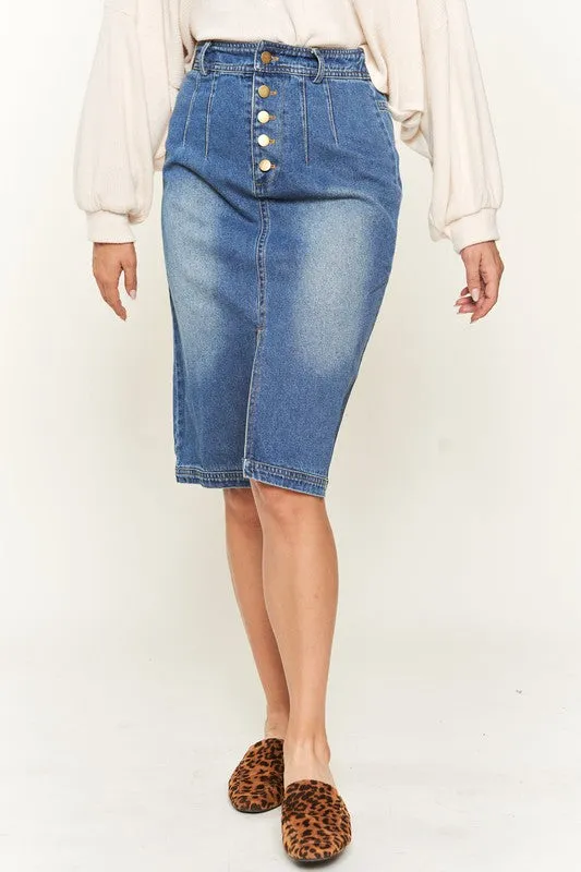 Button-Front Denim Midi Skirt with Front Slit and Elastic Waist