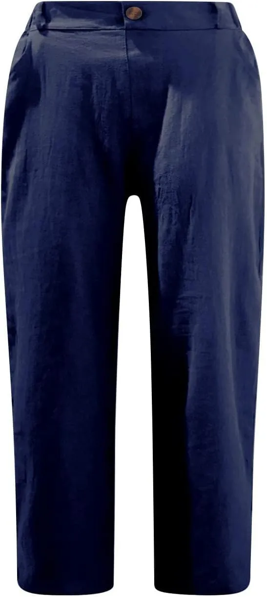 BZGTZT Capris Pants for Women Casual Summer Cotton Linen 3/4 Pants Wide Leg Capris Lightweight Baggy Cropped Lounge Trouser