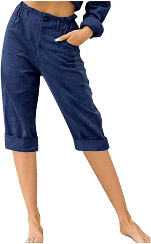 BZGTZT Capris Pants for Women Casual Summer Cotton Linen 3/4 Pants Wide Leg Capris Lightweight Baggy Cropped Lounge Trouser