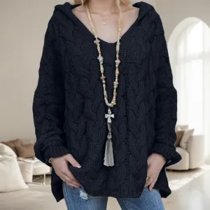 Cable Knit Pullover Sweater Oversized V Neck Long Sleeve Hooded Sweater Causal Chunky Hoodie Jumper Top for Women