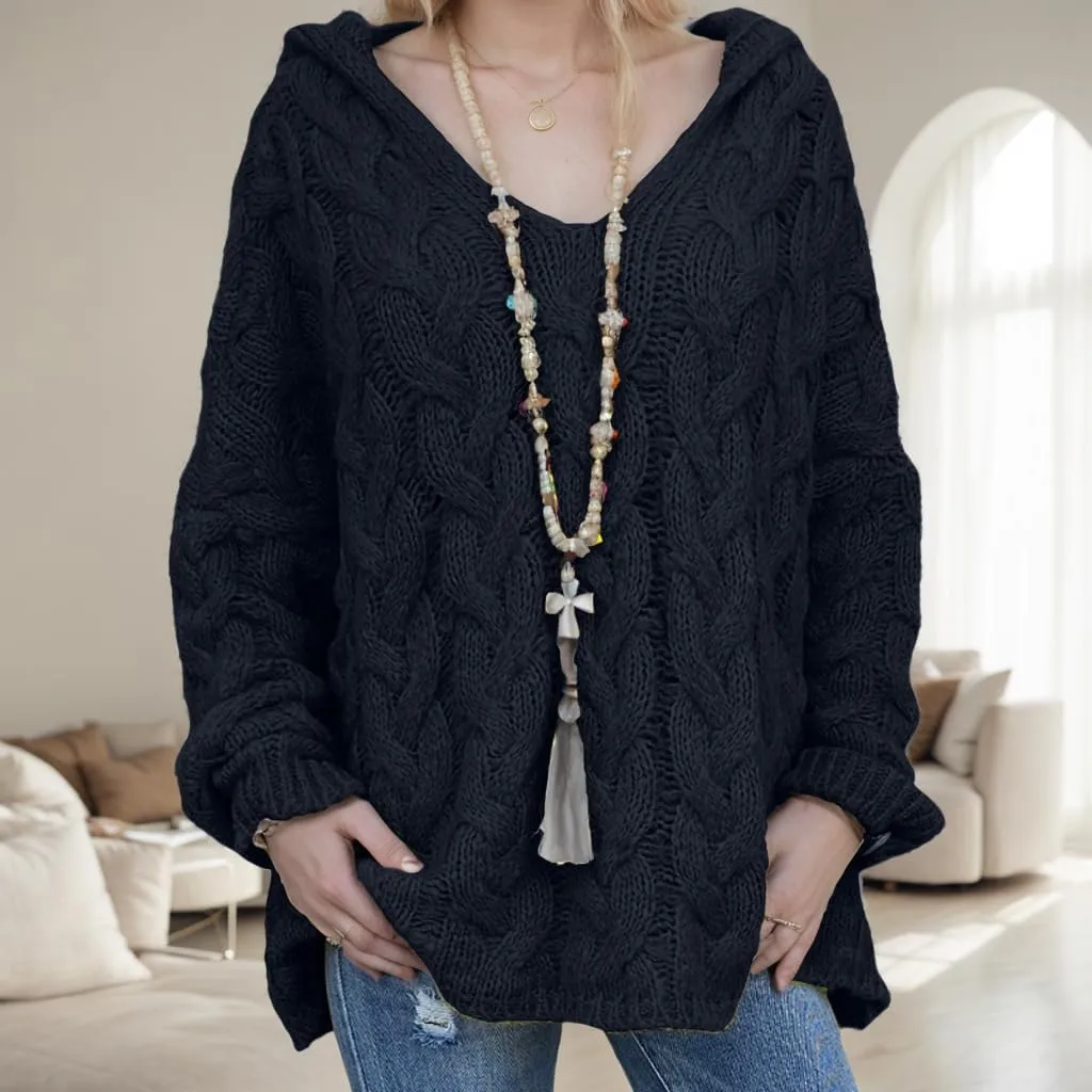 Cable Knit Pullover Sweater Oversized V Neck Long Sleeve Hooded Sweater Causal Chunky Hoodie Jumper Top for Women