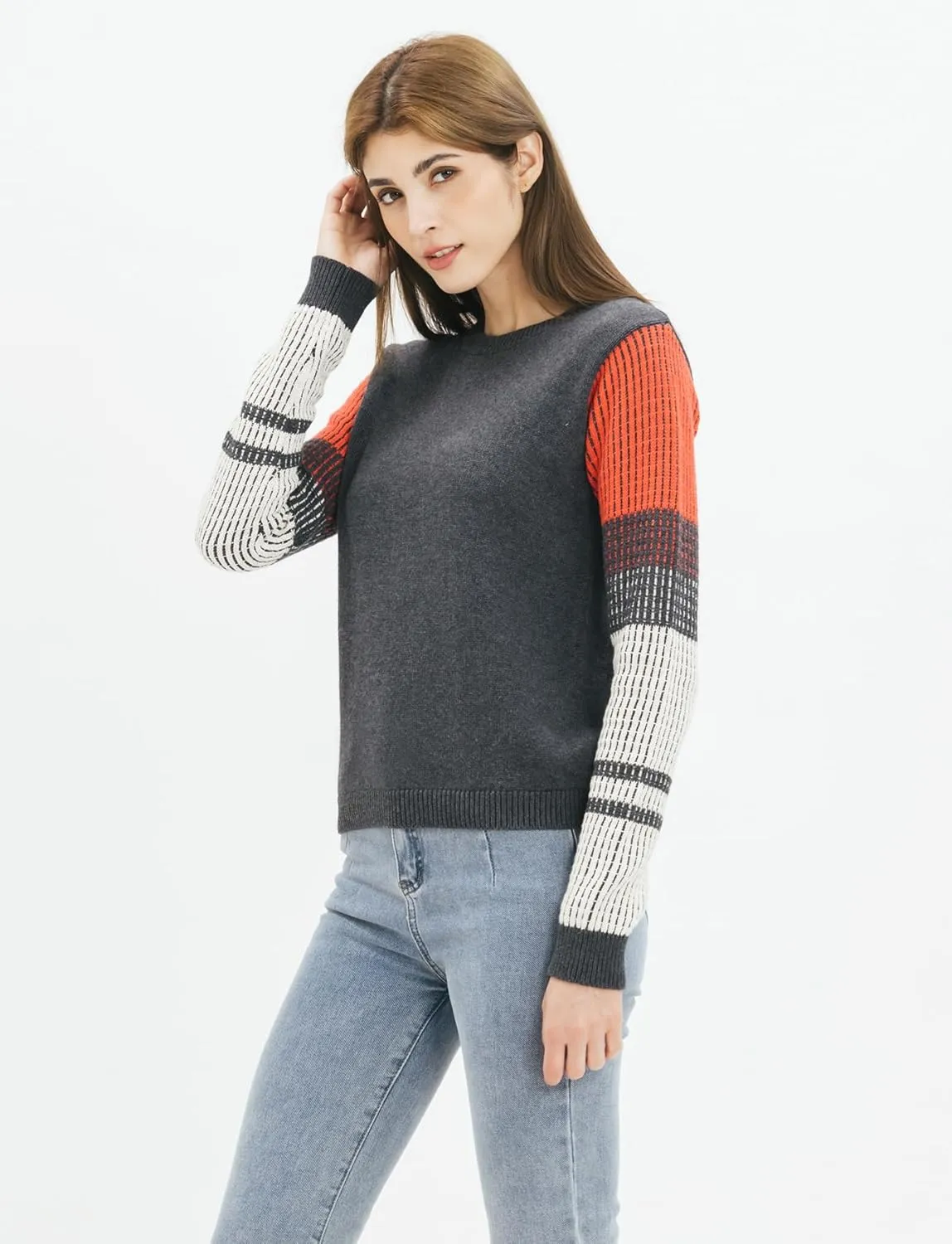 Cable Stitch Women's Contrast-Sleeve Cotton Sweater - Crewneck Long Sleeve Knitted Pullover Top