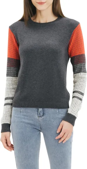 Cable Stitch Women's Contrast-Sleeve Cotton Sweater - Crewneck Long Sleeve Knitted Pullover Top