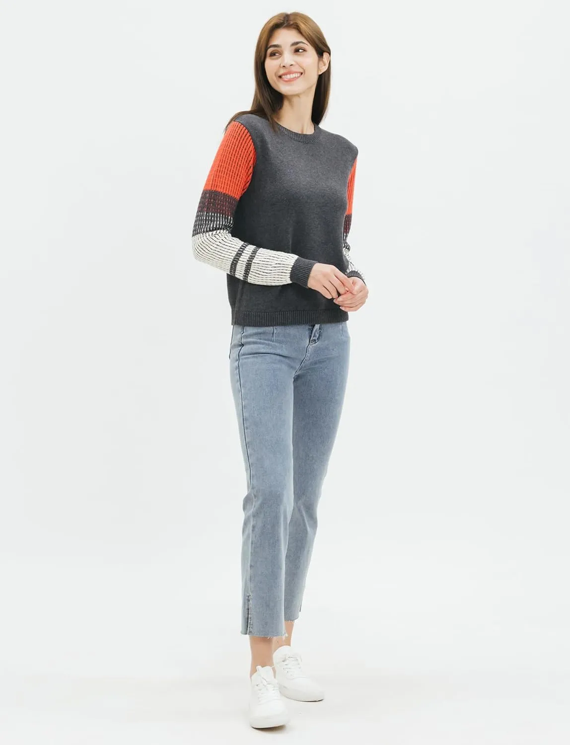Cable Stitch Women's Contrast-Sleeve Cotton Sweater - Crewneck Long Sleeve Knitted Pullover Top