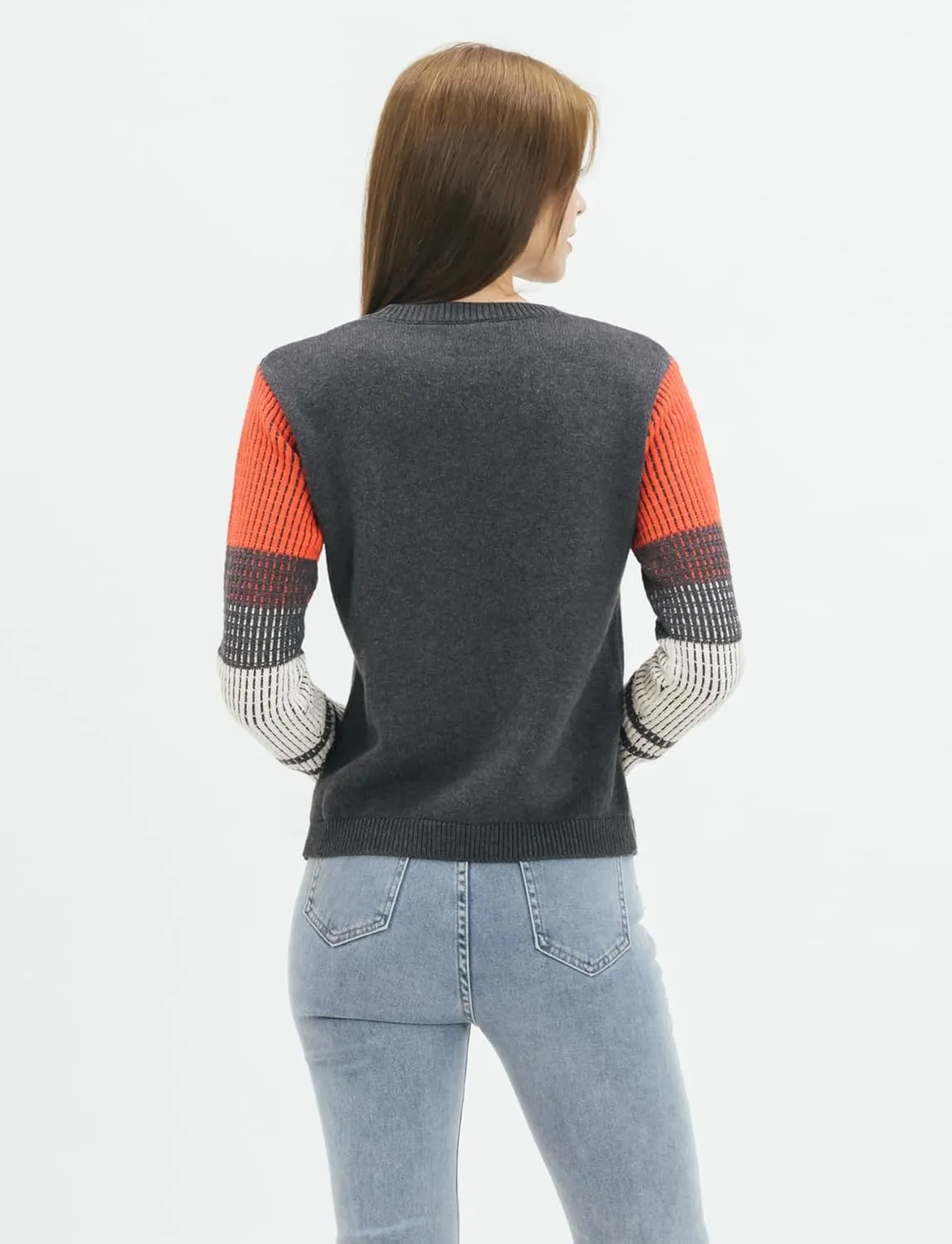 Cable Stitch Women's Contrast-Sleeve Cotton Sweater - Crewneck Long Sleeve Knitted Pullover Top