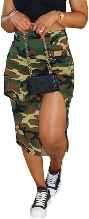 Camo Cargo Skirts for Women - High Waist Slit Bodycon Camouflage Denim Jean Skirt with Pocket Streetwear