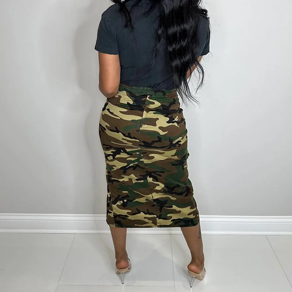 Camo Cargo Skirts for Women - High Waist Slit Bodycon Camouflage Denim Jean Skirt with Pocket Streetwear
