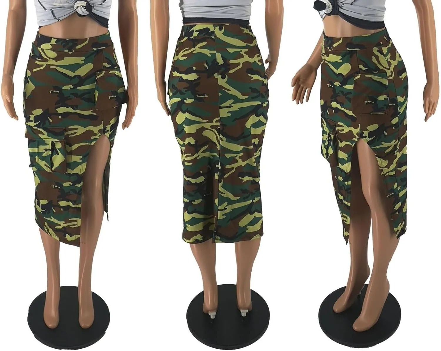 Camo Cargo Skirts for Women - High Waist Slit Bodycon Camouflage Denim Jean Skirt with Pocket Streetwear
