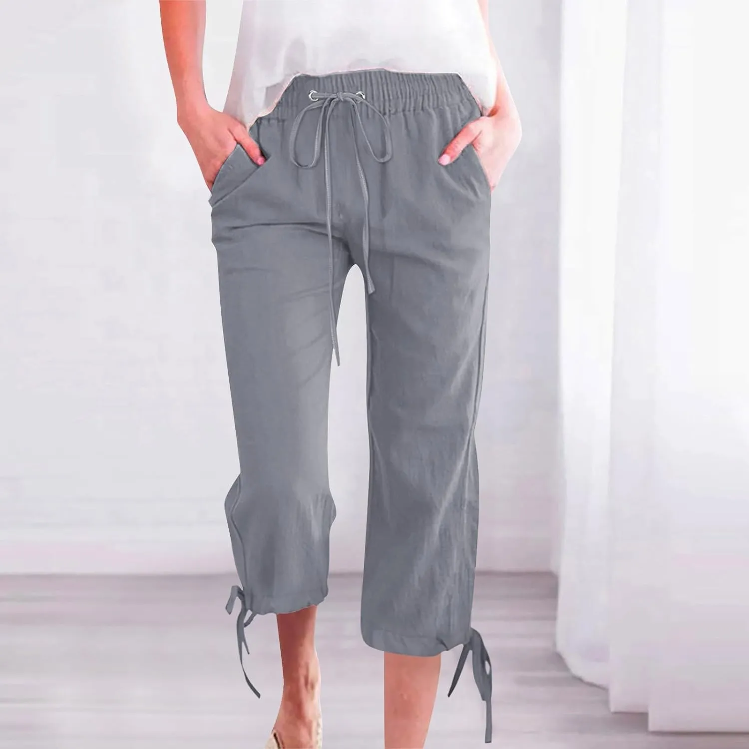 Capri Pants for Women 2025 Summer Lounge Pants Cropped Cotton Linen Comfy Drawstring Baggy Trousers with Pocket