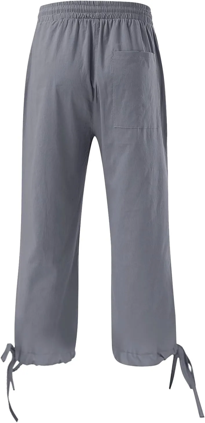 Capri Pants for Women 2025 Summer Lounge Pants Cropped Cotton Linen Comfy Drawstring Baggy Trousers with Pocket
