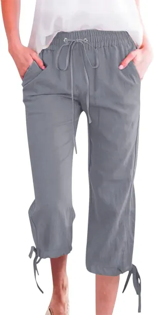 Capri Pants for Women 2025 Summer Lounge Pants Cropped Cotton Linen Comfy Drawstring Baggy Trousers with Pocket