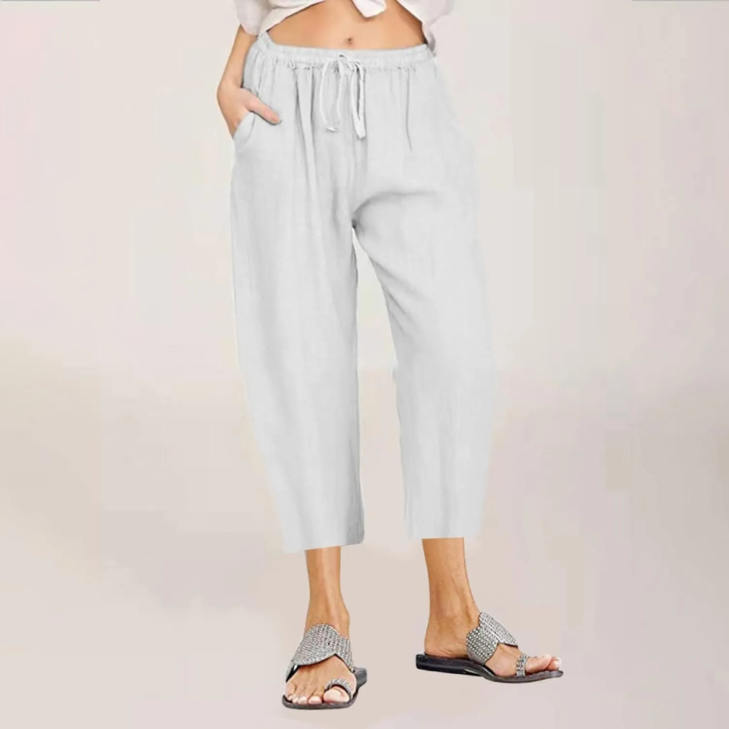 Capri Pants for Women Casual 2024 Summer Drawstring Elastic High Waist with Pockets