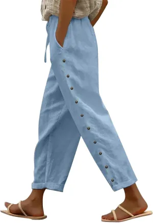 Capri Pants for Women Cotton Linen Capris with Pockets Drawstring Elastic Waisted Side Button Casual Cropped Pants
