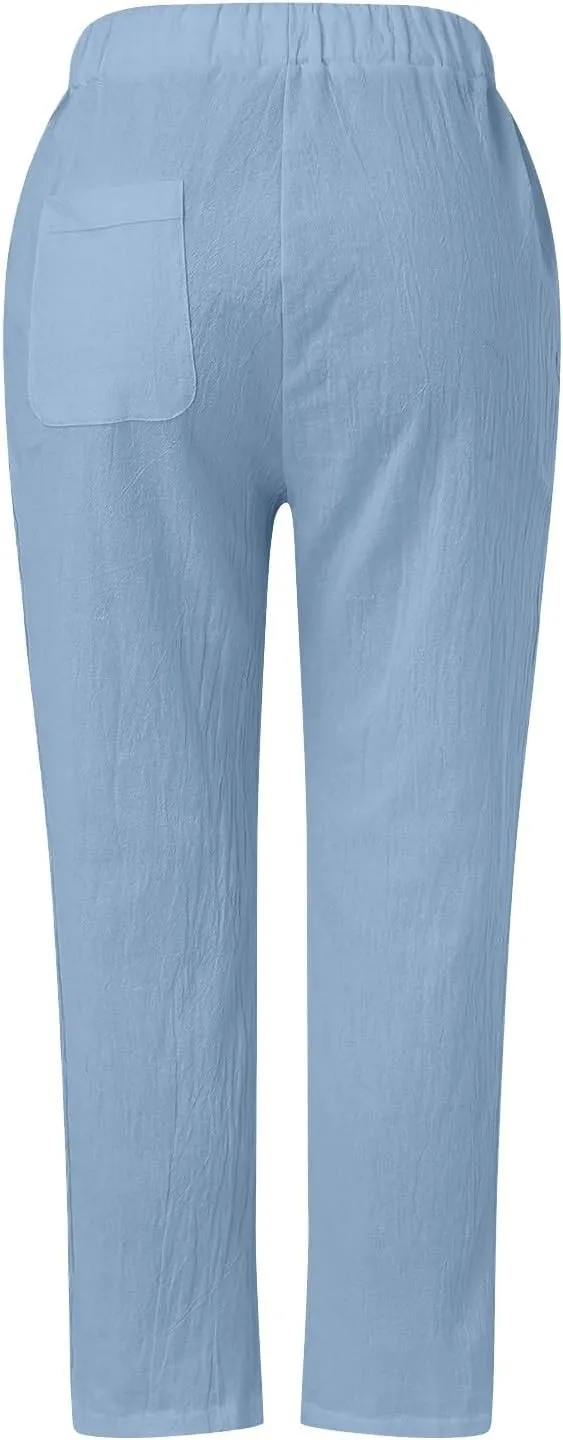 Capri Pants for Women Cotton Linen Capris with Pockets Drawstring Elastic Waisted Side Button Casual Cropped Pants