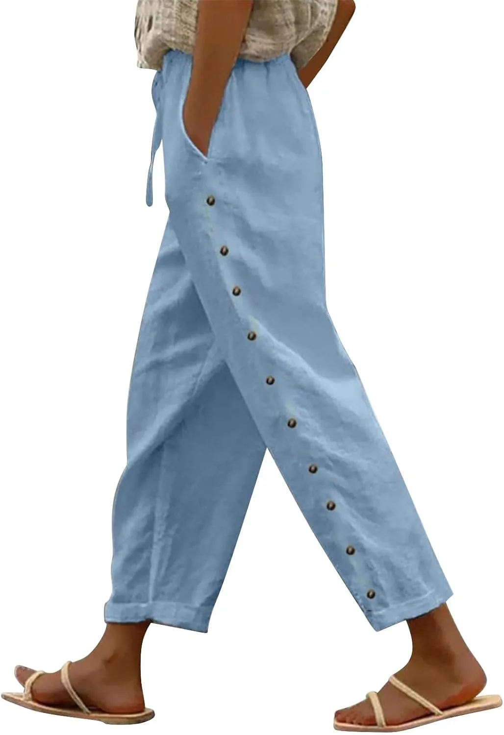 Capri Pants for Women Cotton Linen Capris with Pockets Drawstring Elastic Waisted Side Button Casual Cropped Pants