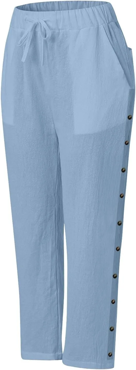 Capri Pants for Women Cotton Linen Capris with Pockets Drawstring Elastic Waisted Side Button Casual Cropped Pants