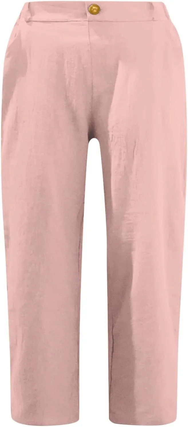 Capri Pants for Women Summer Casual Lounge Straight Leg Pants Cropped Cotton Linen Comfy Baggy Trousers with